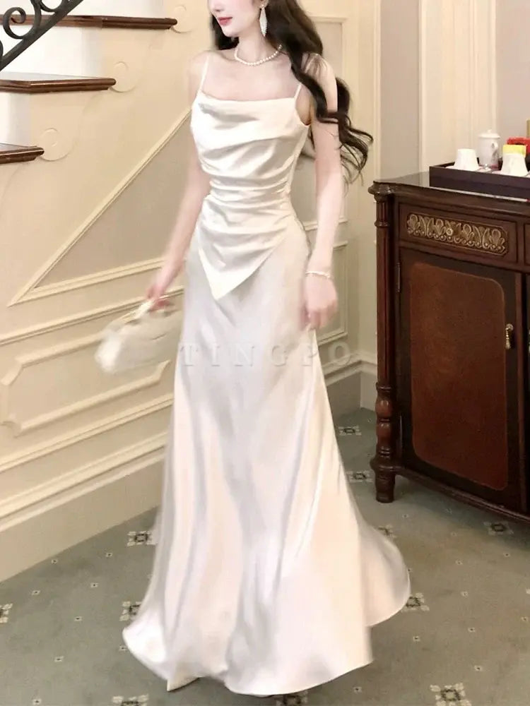 TingPo Wholesale Modest Sheath Spaghetti Straps White Long Prom Dresses Sexy Evening Dress formal wear dresses